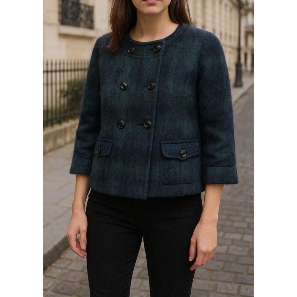 Talbots Petites Wool Alpaca Mohair Plaid Pea Coat Navy Blue Teal 10P Cropped